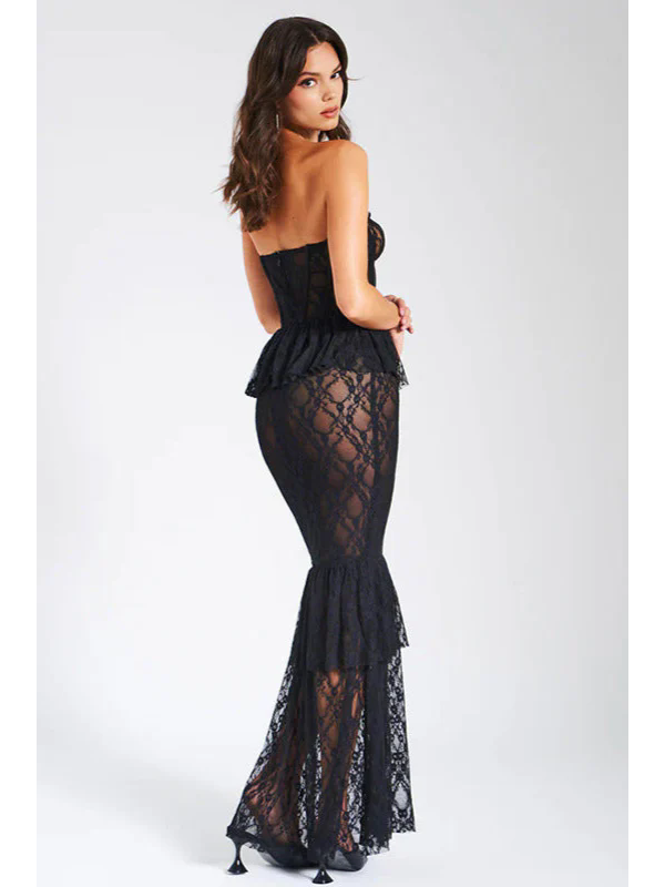 Women Sexy Strapless Lace Corset Maxi Dress