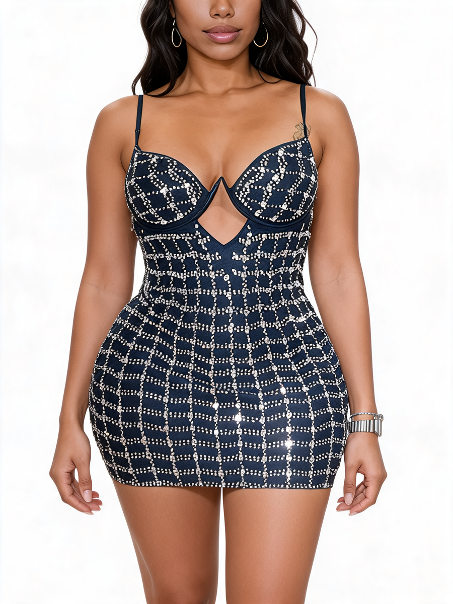 Rhinestone Grid Cut-Out Cami Mini Dress