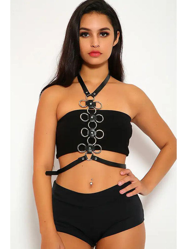 Women Faux Leather Halter Harness Top
