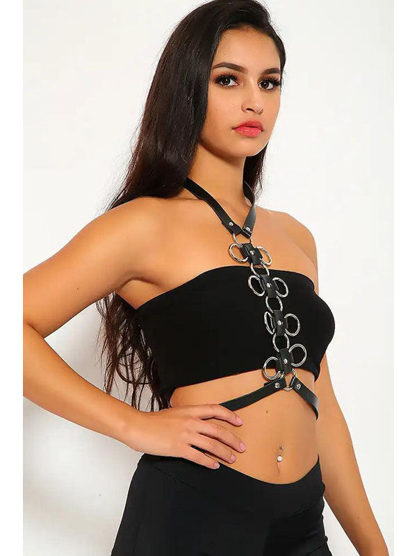 Women Faux Leather Halter Harness Top