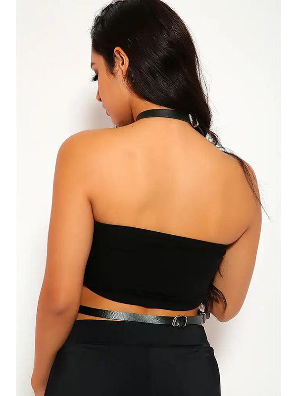 Women Faux Leather Halter Harness Top