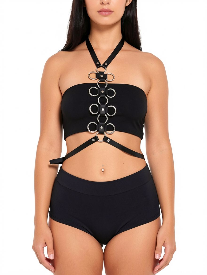 Women Faux Leather Halter Harness Top