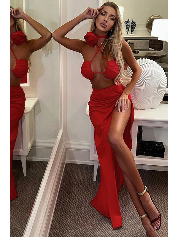 Women Sexy Halter Maxi Skirt Set