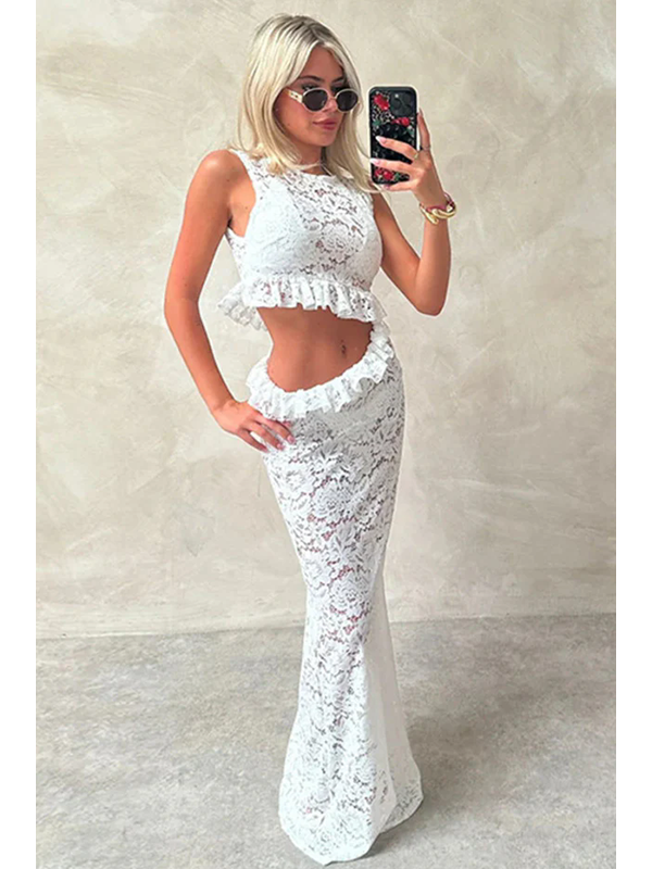 Women 2 Piece Sexy Lace Maxi Skirt Set