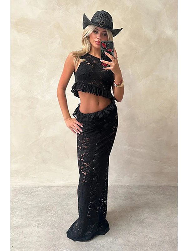 Women 2 Piece Sexy Lace Maxi Skirt Set