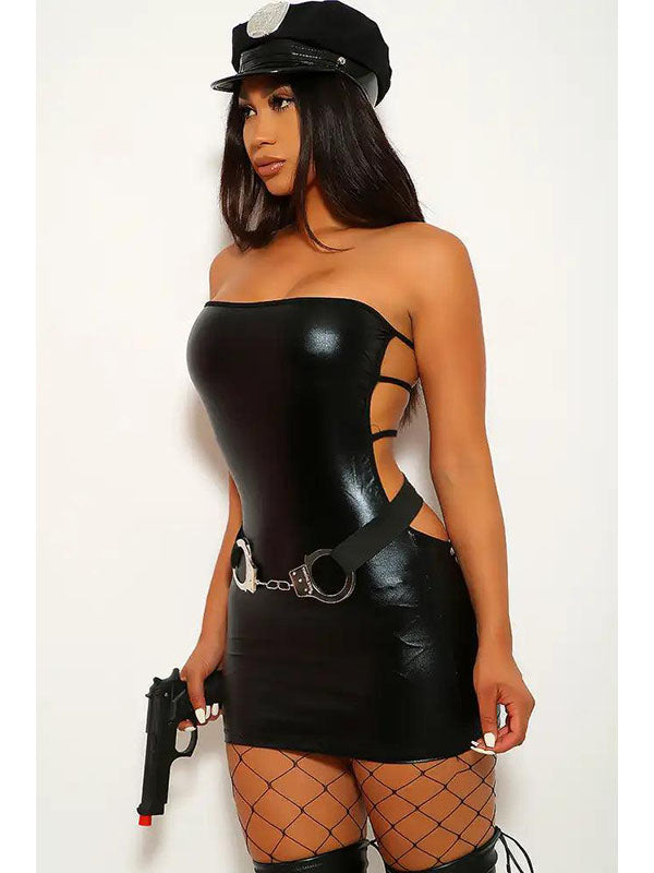 Women Sexy Vinyl Dress Set (including hat, handcuffs)