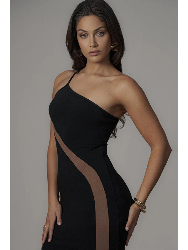 Women Sexy One Shoulder Mesh Panel Maxi Dress