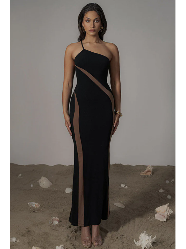 Women Sexy One Shoulder Mesh Panel Maxi Dress