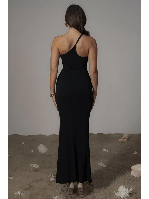 Women Sexy One Shoulder Mesh Panel Maxi Dress
