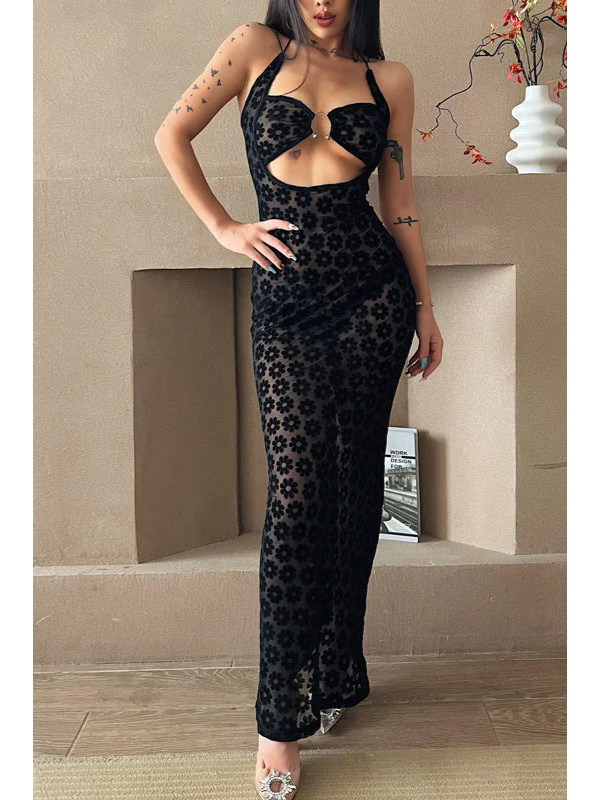 Women Sexy Halter Cut Out Lace Maxi Dress