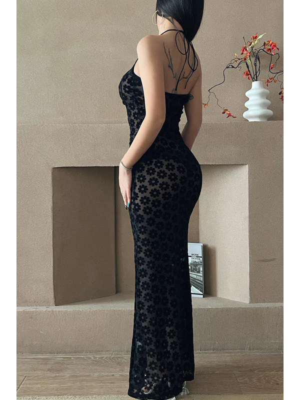 Women Sexy Halter Cut Out Lace Maxi Dress