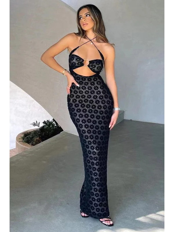 Women Sexy Halter Cut Out Lace Maxi Dress