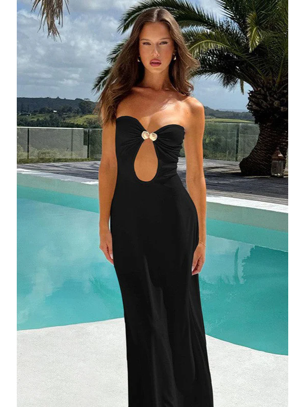 Women Sexy Strapless Cut Out Maxi Dress