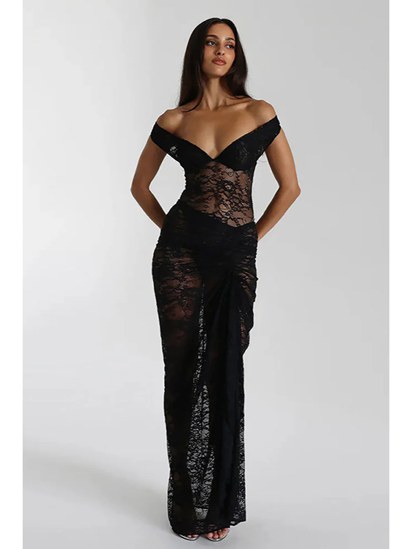 Women Sexy Off Shoulder Sheer Lace Maxi Dress
