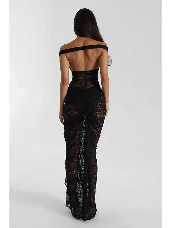 Women Sexy Off Shoulder Sheer Lace Maxi Dress
