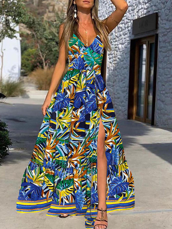 Women Sexy Deep V Neck Printed Maxi Dress