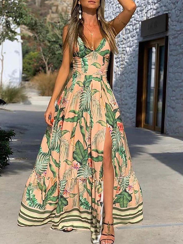 Women Sexy Deep V Neck Printed Maxi Dress