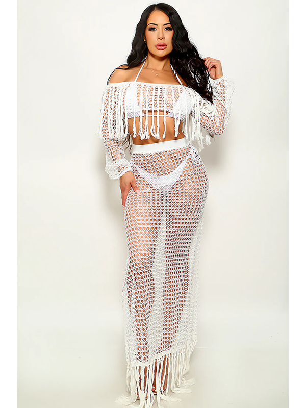 Women Sexy Crochet Fringe Cover Up Set