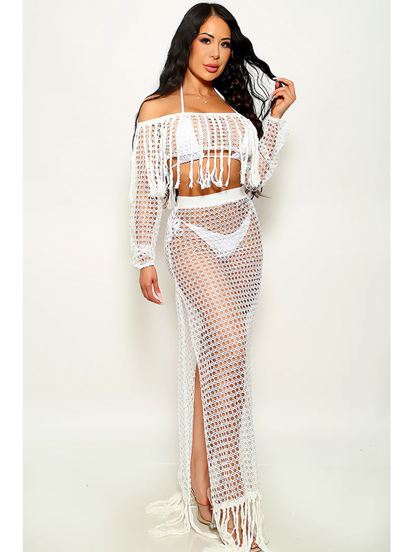 Women Sexy Crochet Fringe Cover Up Set