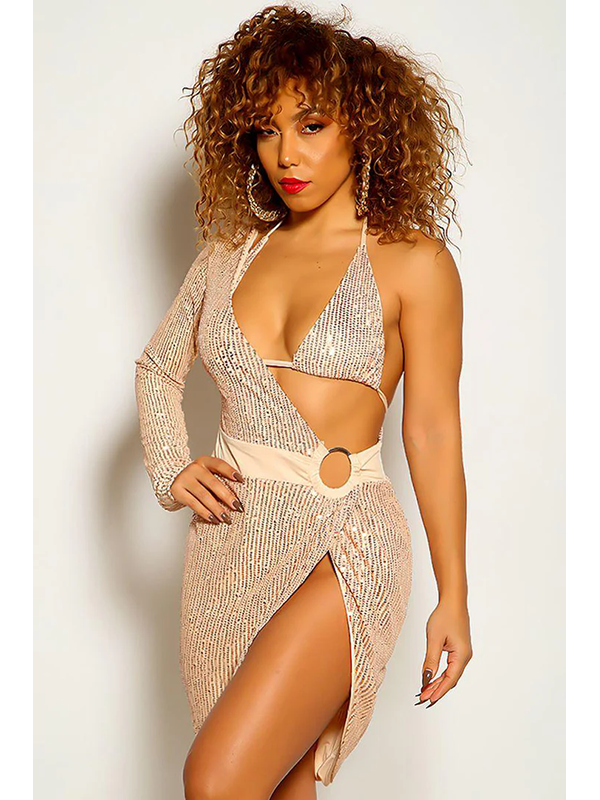 Sequin Halter Wrap Long Sleeve Mini Dress