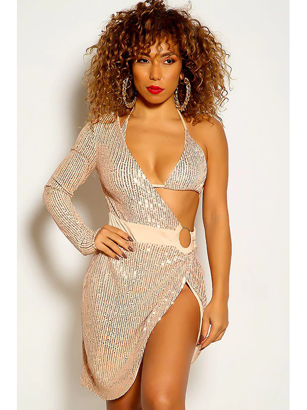 Sequin Halter Wrap Long Sleeve Mini Dress