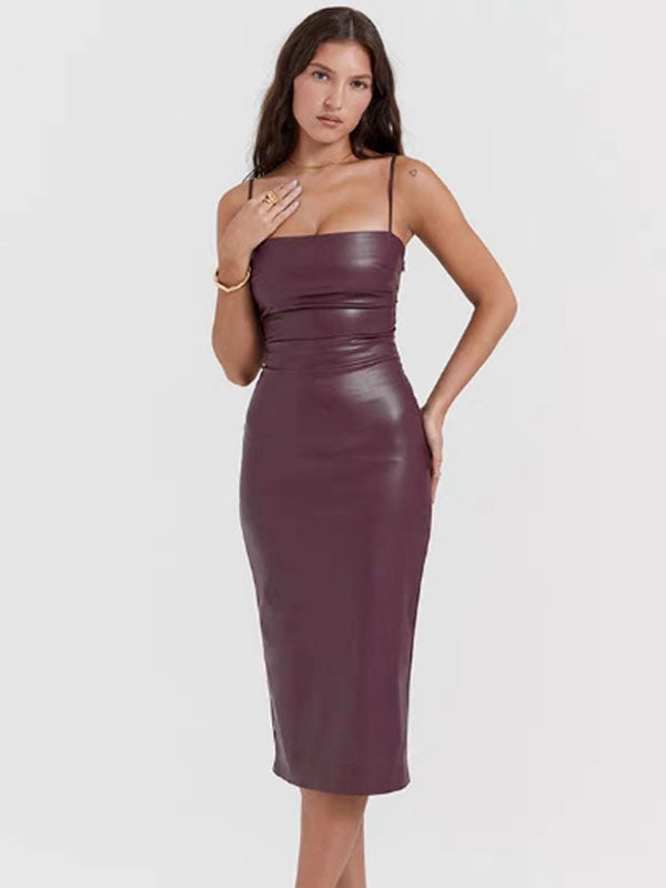 Women Sexy Faux Leather Lace Up Midi Dress