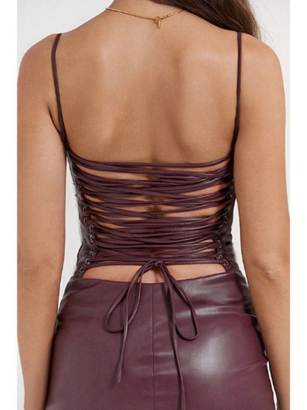Women Sexy Faux Leather Lace Up Midi Dress