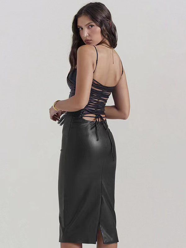Women Sexy Faux Leather Lace Up Midi Dress