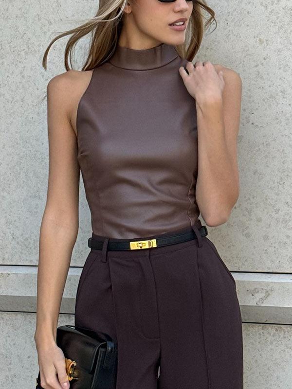 Women Sexy Faux Leather Sleeveless Top