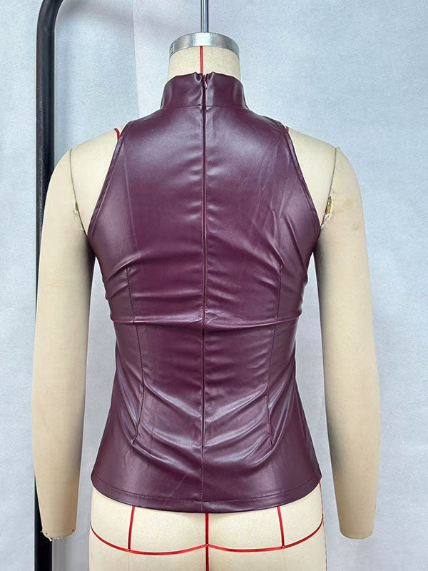 Women Sexy Faux Leather Sleeveless Top