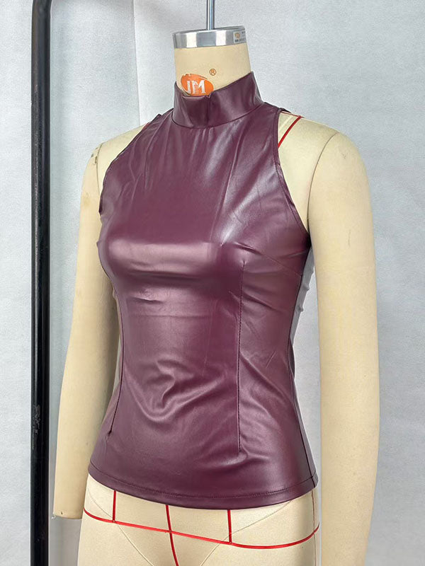 Women Sexy Faux Leather Sleeveless Top