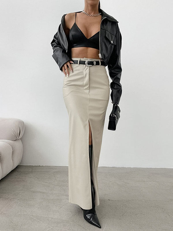 Women Sexy Faux Leather Maxi Skirt