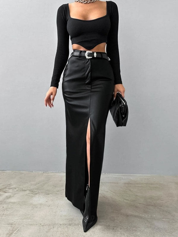 Women Sexy Faux Leather Maxi Skirt