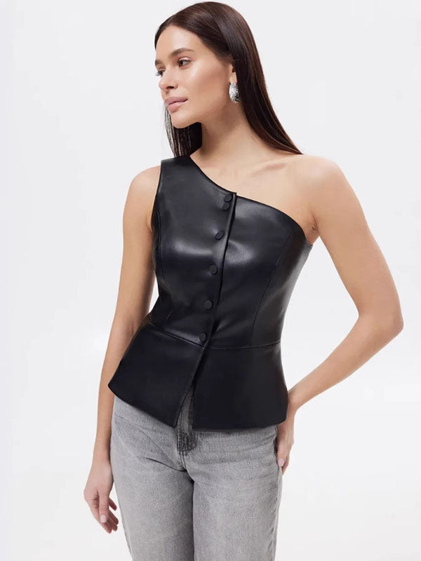 Women Sexy Faux Leather One Shoulder Top