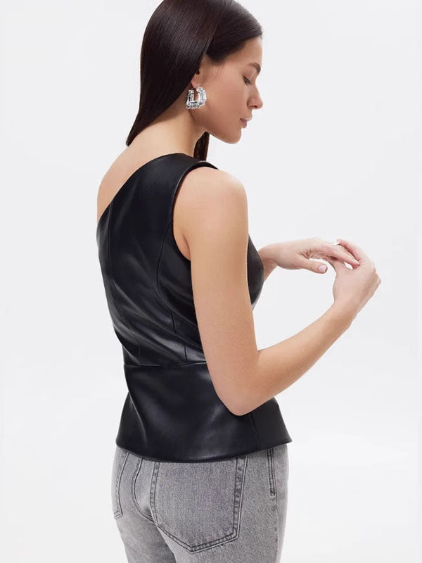 Women Sexy Faux Leather One Shoulder Top