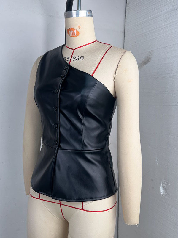 Women Sexy Faux Leather One Shoulder Top