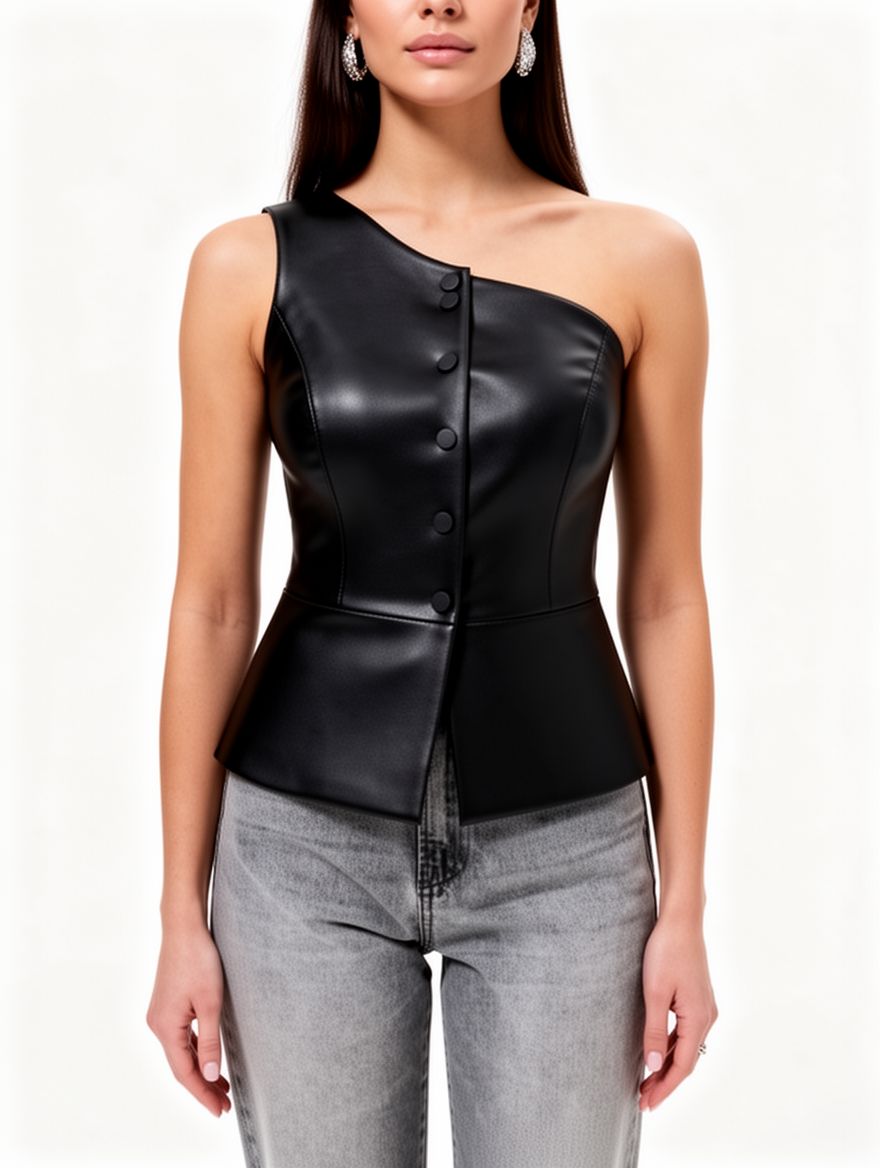 Women Sexy Faux Leather One Shoulder Top