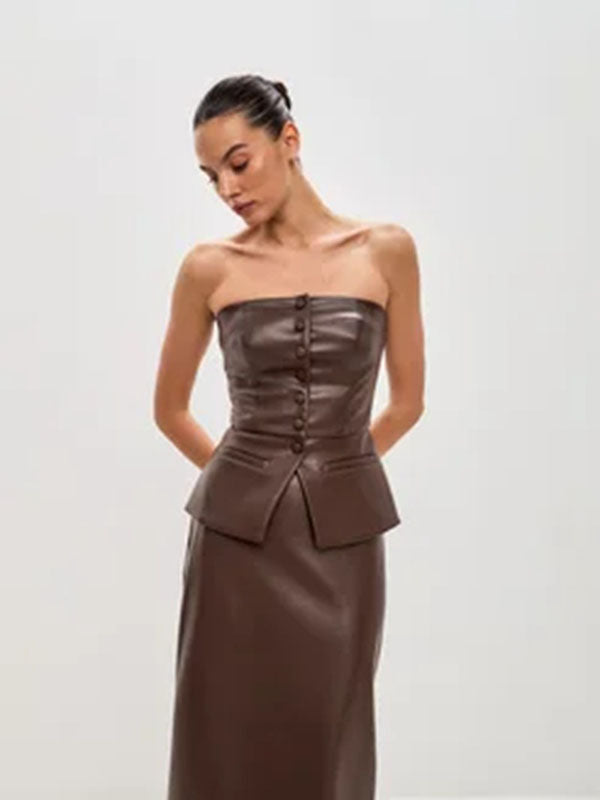 Women Sexy Faux Leather Strapless Top