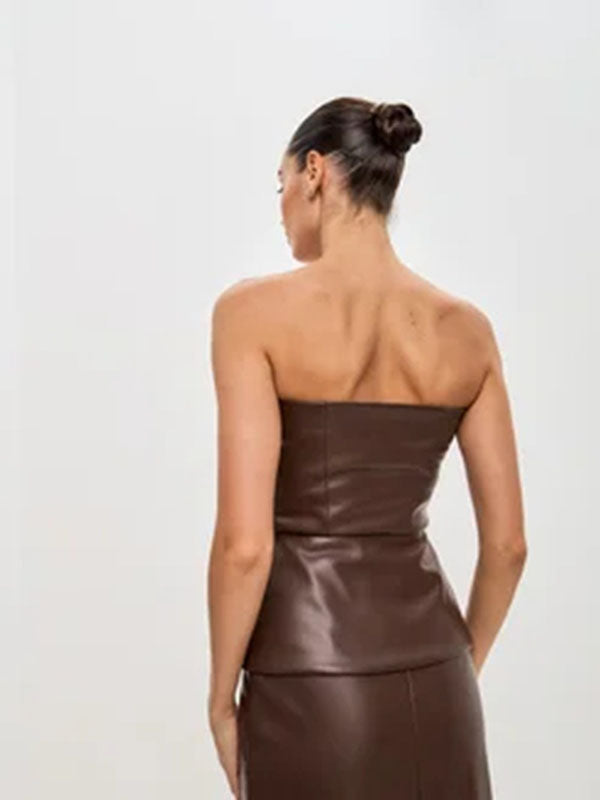 Women Sexy Faux Leather Strapless Top