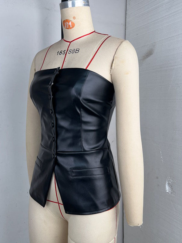 Women Sexy Faux Leather Strapless Top