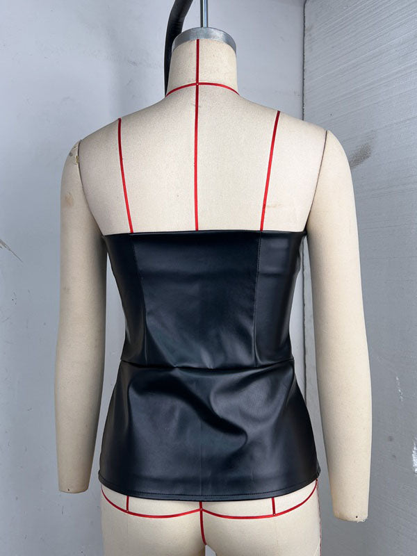 Women Sexy Faux Leather Strapless Top