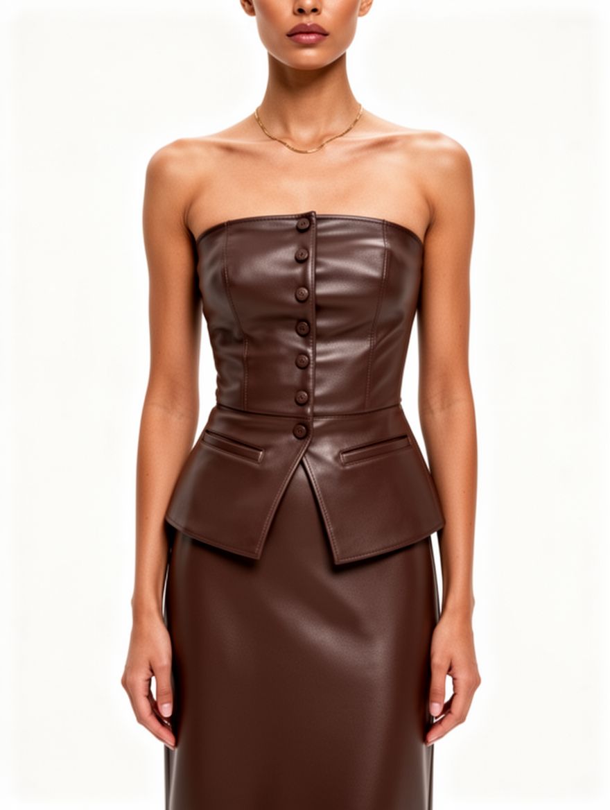 Women Sexy Faux Leather Strapless Top