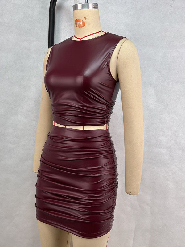 Women Sexy Faux Leather 2 Piece Mini Skirt Set