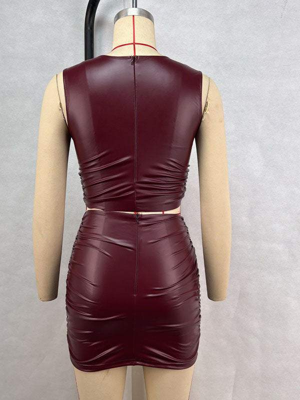 Women Sexy Faux Leather 2 Piece Mini Skirt Set