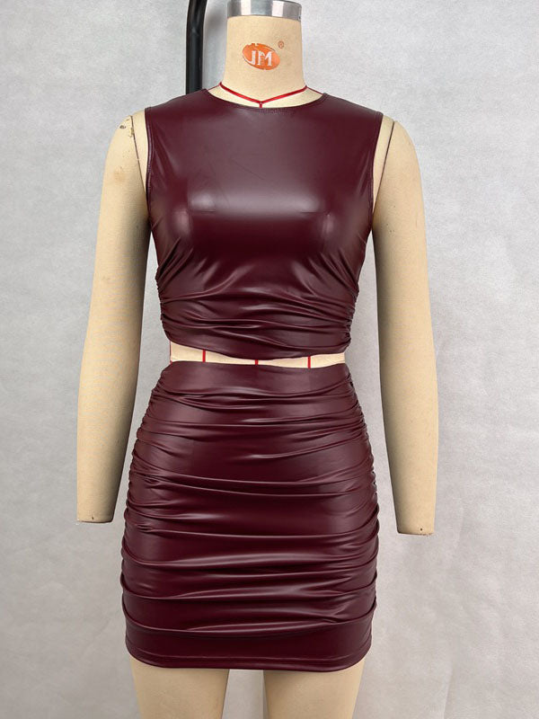 Women Sexy Faux Leather 2 Piece Mini Skirt Set