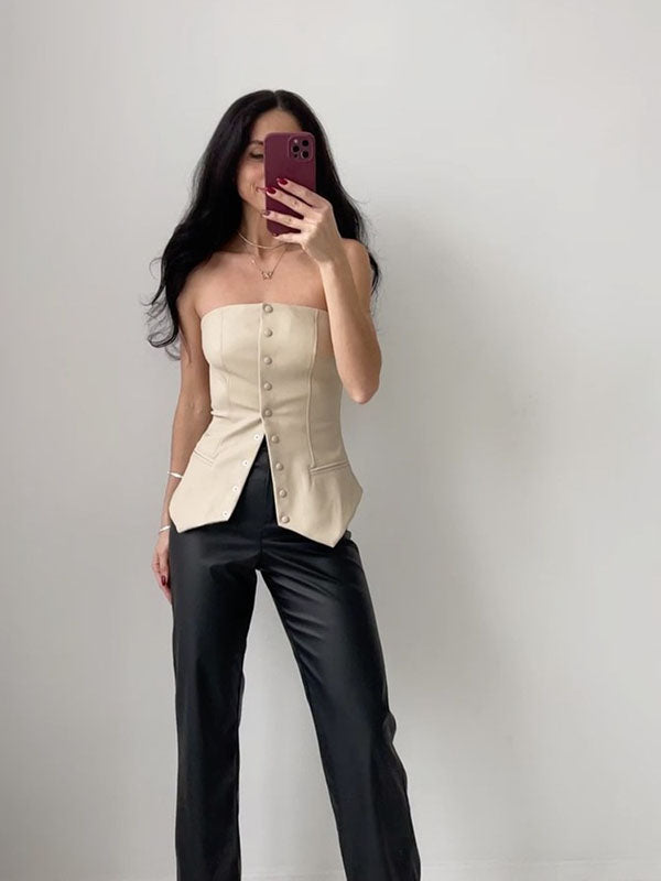 Women Sexy Faux Leather Strapless Top
