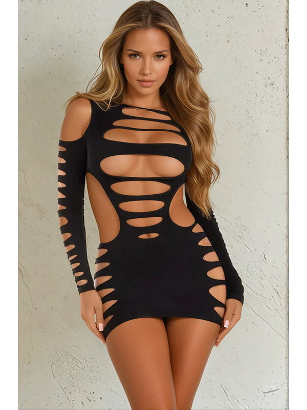 Slashed Cut-Out Long Sleeve Bodycon Mini Dress