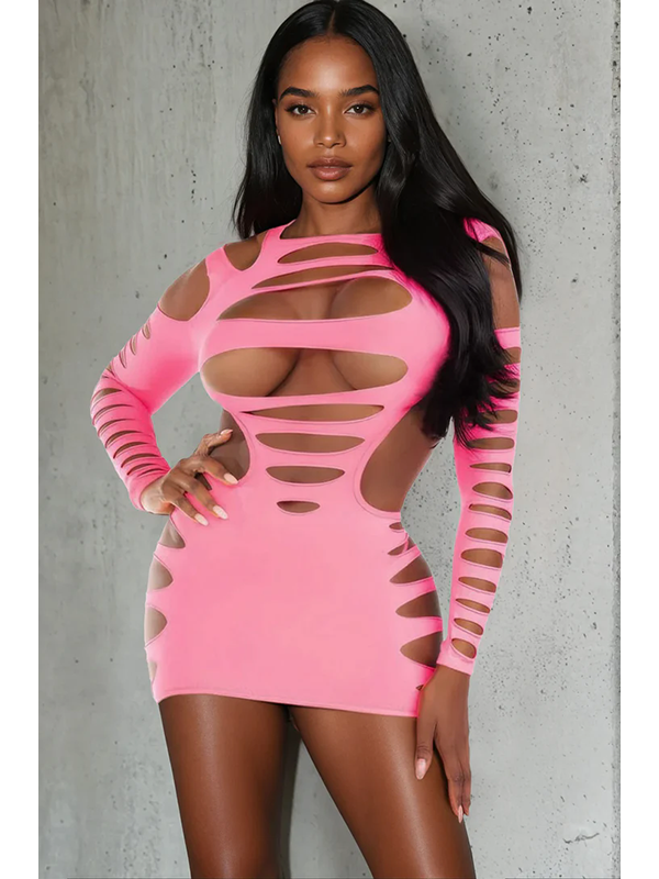 Slashed Cut-Out Long Sleeve Bodycon Mini Dress