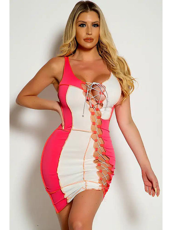 Colorblock Lace-Up Sleeveless Bodycon Mini Dress