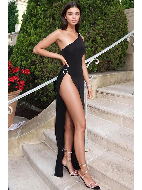 Women Sexy One Shoulder High Slit Maxi Dress